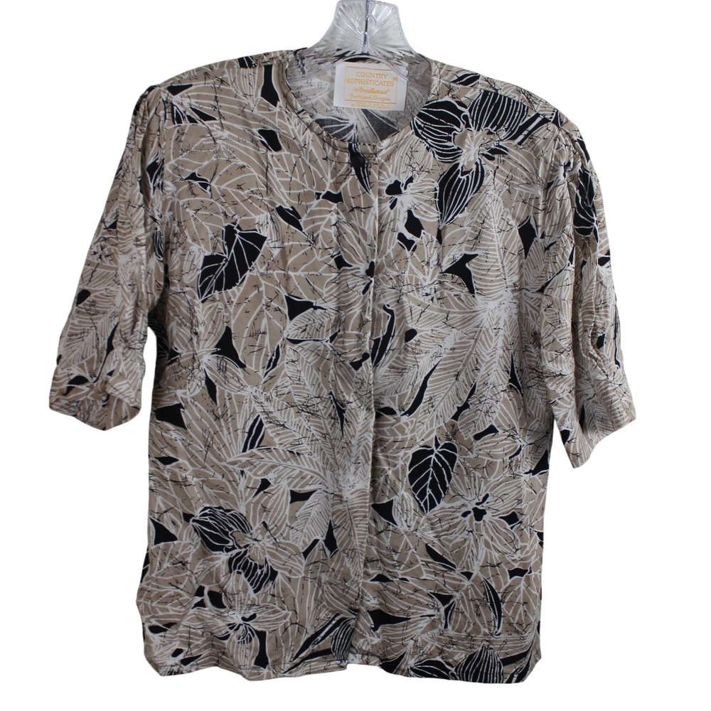 Country Sophisticates Pendleton Womens Tan Black‎ Silk Rayon Floral Blouse Sz 10
